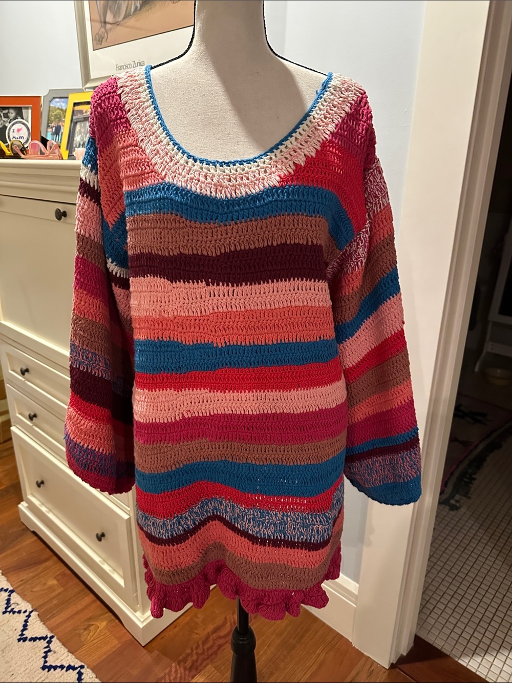 CeliaB Multicolor Striped Crochet Scoop Neck Sweater - Pink/Blue/Brown